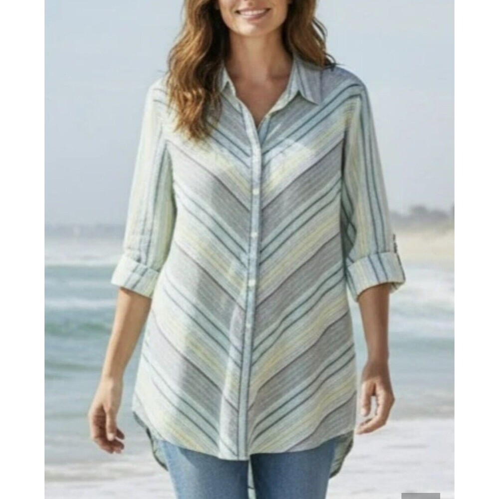 Chicos top tunic size 1 multicolor 100 % linen button up boho beachy lagenlook